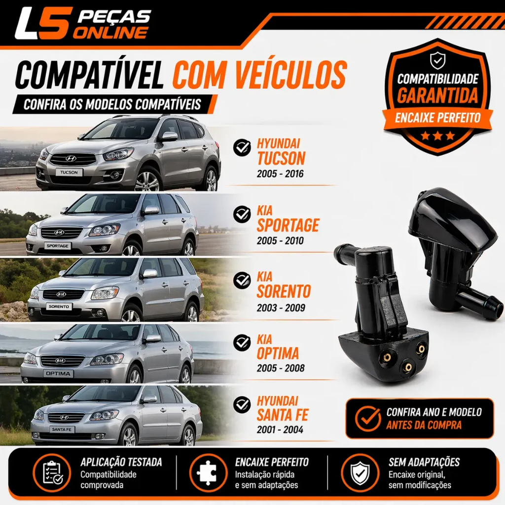 Par Esguicho Brucutu Limpador Para-brisa Hyundai Tucson Santa Fé Kia Sportage Sorento Optima Cerato