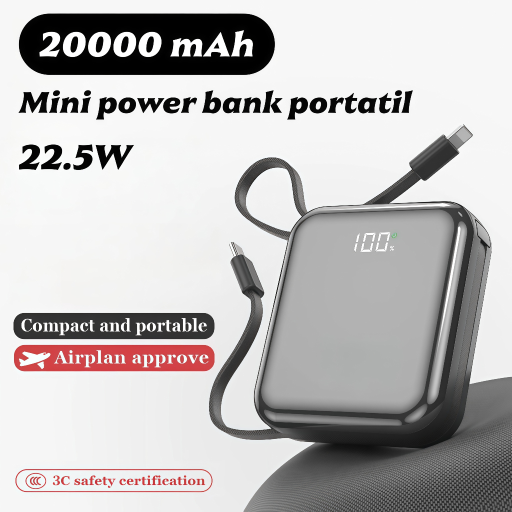 Mini power bank portátil 20.000 mAh com IOS e cabo Tipo C 