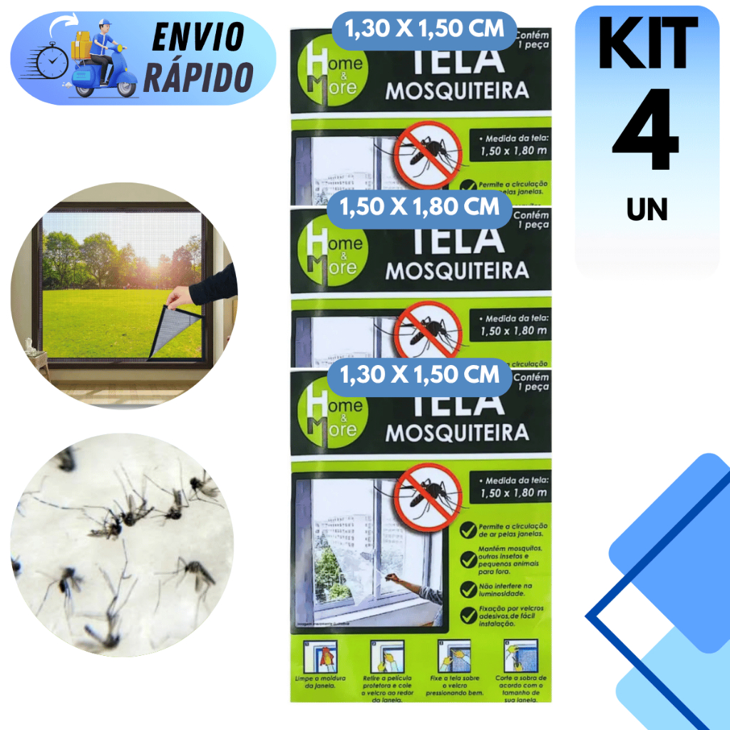 KIT 2 A 4 TELA MOSQUITEIRA AJUSTAVEL PARA JANELA GRANDE E PEQUENA ANTI-INSETO COM VELCRO REMOVIVEL