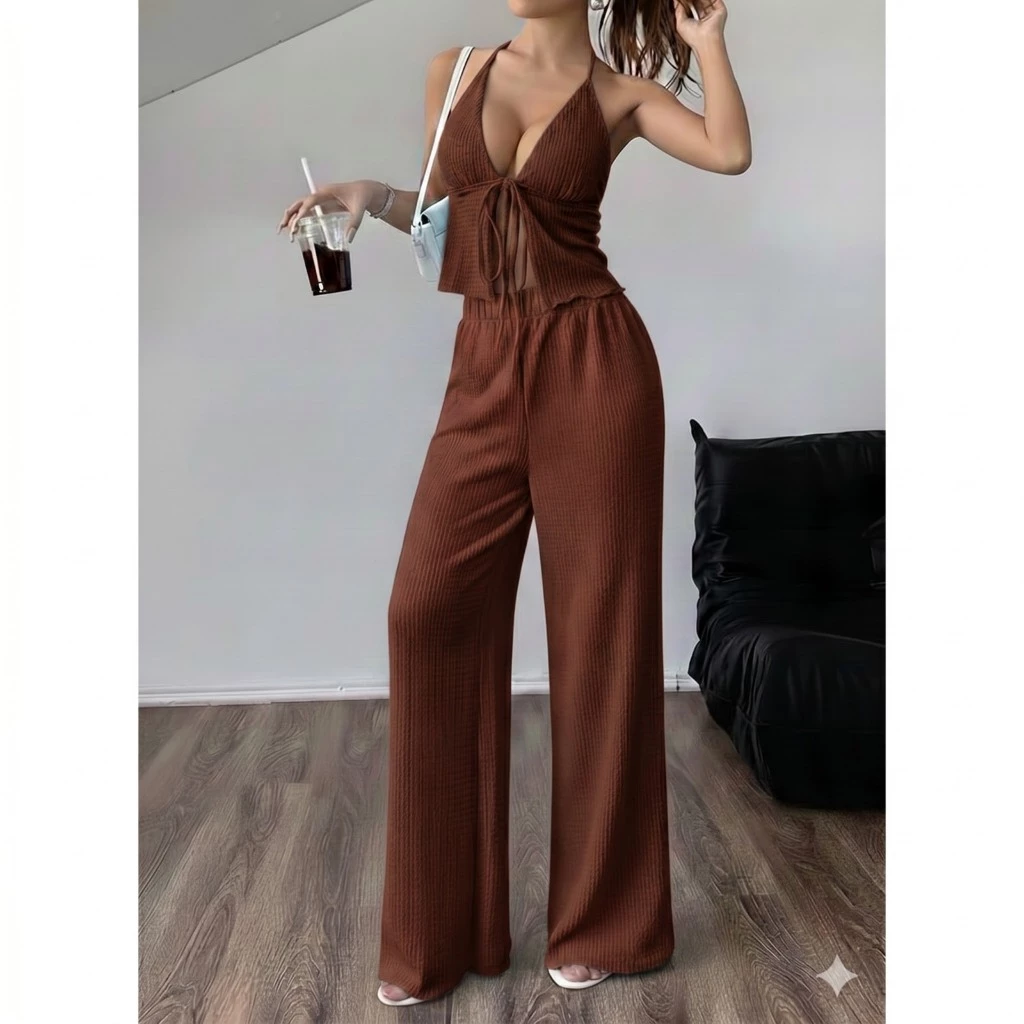 Conjunto Feminino Liz Blusinha Top Amarração + Calça Pantalona Soltinha e Confortável Look Elegante