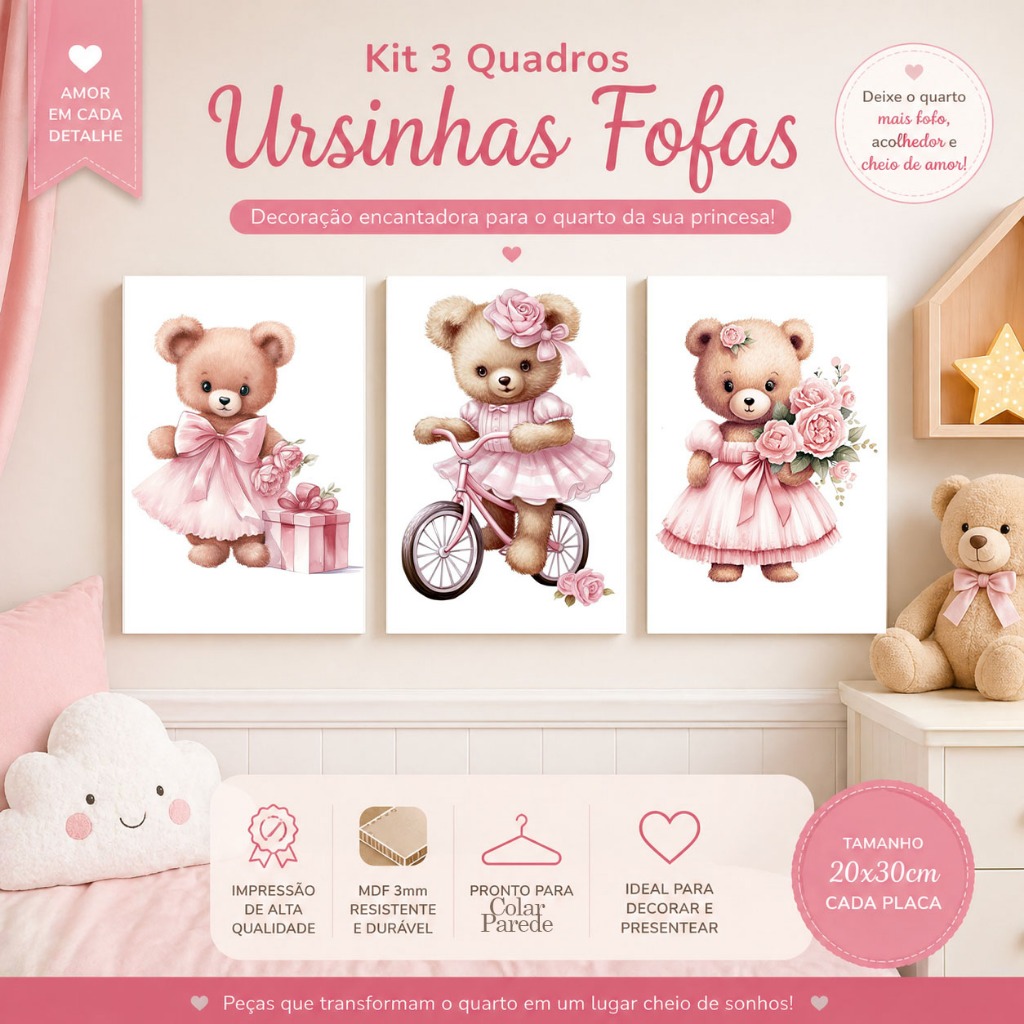 Quadros para decoração de quarto infantil - Ursa de vestido flores ursinha na bicicleta- kit 3 placas MDF 20x30cm