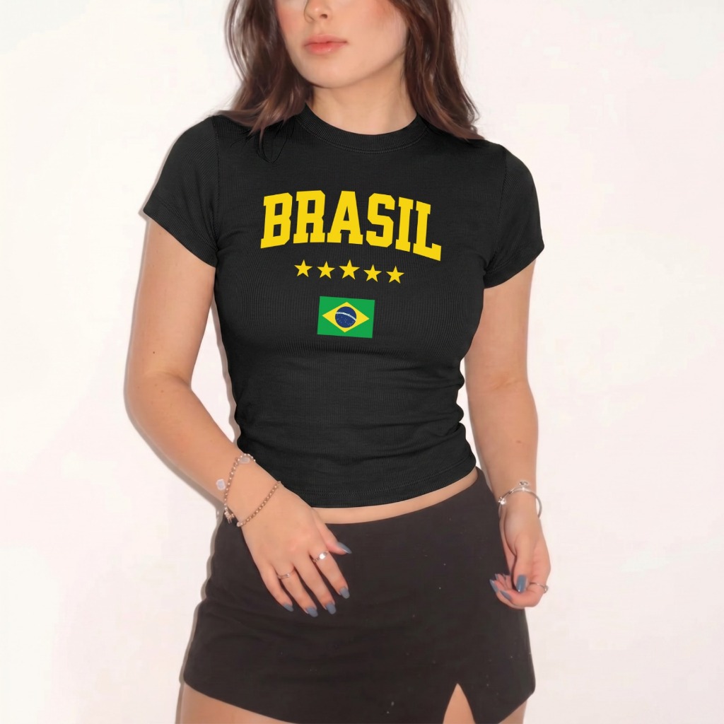 Baby Tee Feminina Brasil Copa T-shirt Hexa Futebol Copa do Mundo 2026 Gola Redond