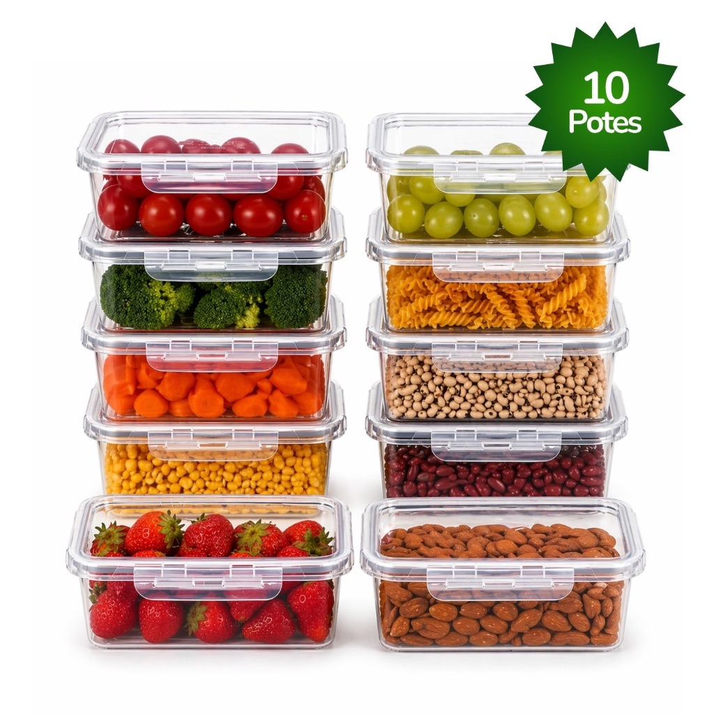 Kit 10 Marmitas 850ml Não Vaza BPA Free Potes Plástico com Travas Laterais Herméticas