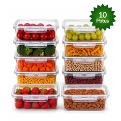 Kit 10 Marmitas 850ml Não Vaza BPA Free Potes Plástico com Travas Laterais Herméticas