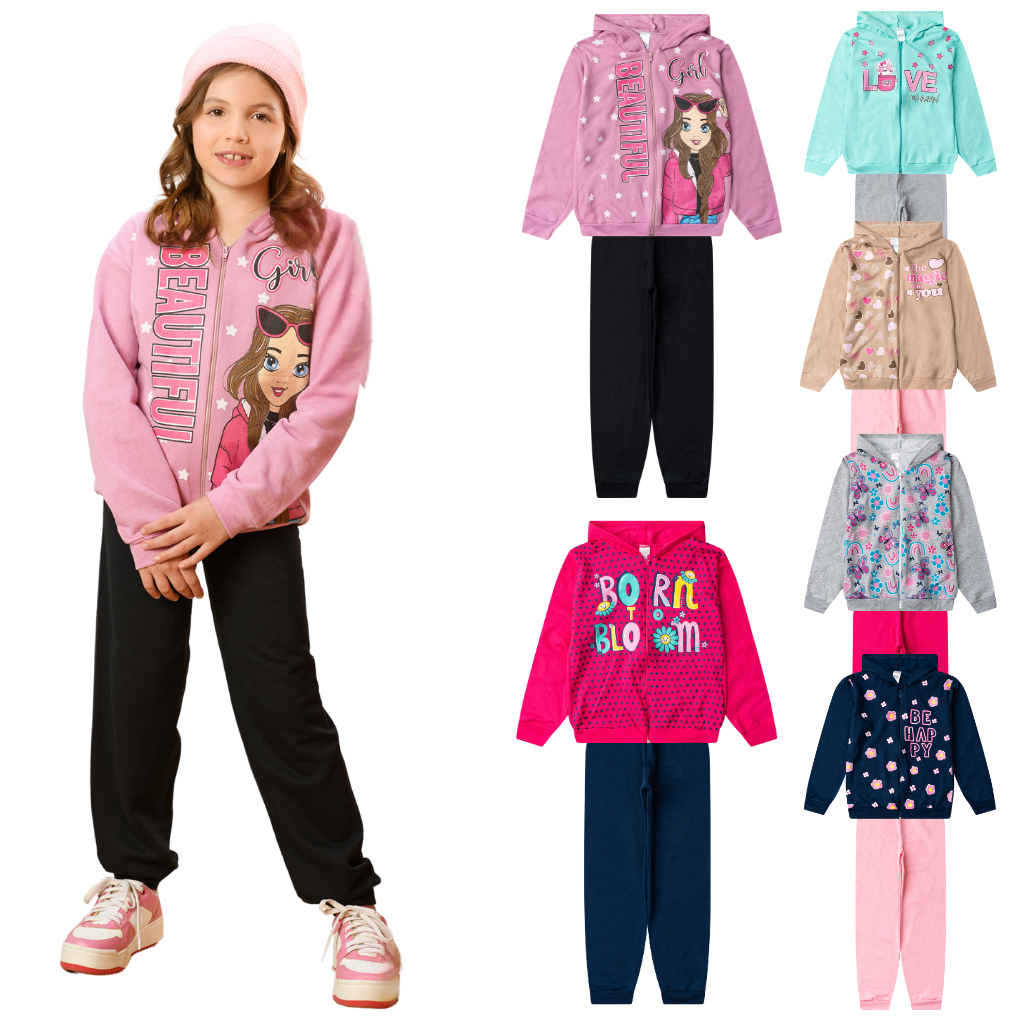 Kit 2 Peças Moletom Infantil Menina Inverno Conjunto 1 ao 14 feminino manga longa com Zíper e Capuz