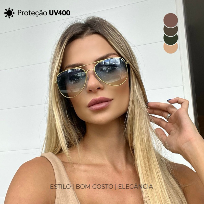 Óculos de Sol Aviador Feminino UV400 Lente Degradê Policarbonato Estilo Luxo Leve e Confortável