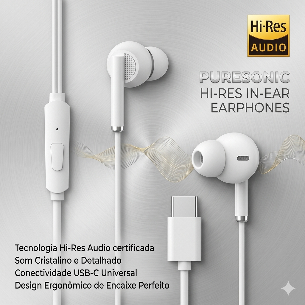 Fone de Ouvido Tipo-C Hi-Res Som Premium com Microfone Intra-Auricular Plug & Play para Android USB-C