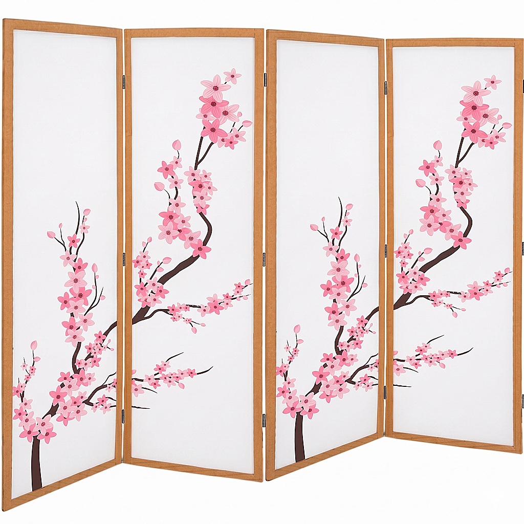 4 Biombo Oriental Sanfonado Inteiro Separador Ambiente Japonês Divisória Flor Sakura Cerejeira Madeira Mdf