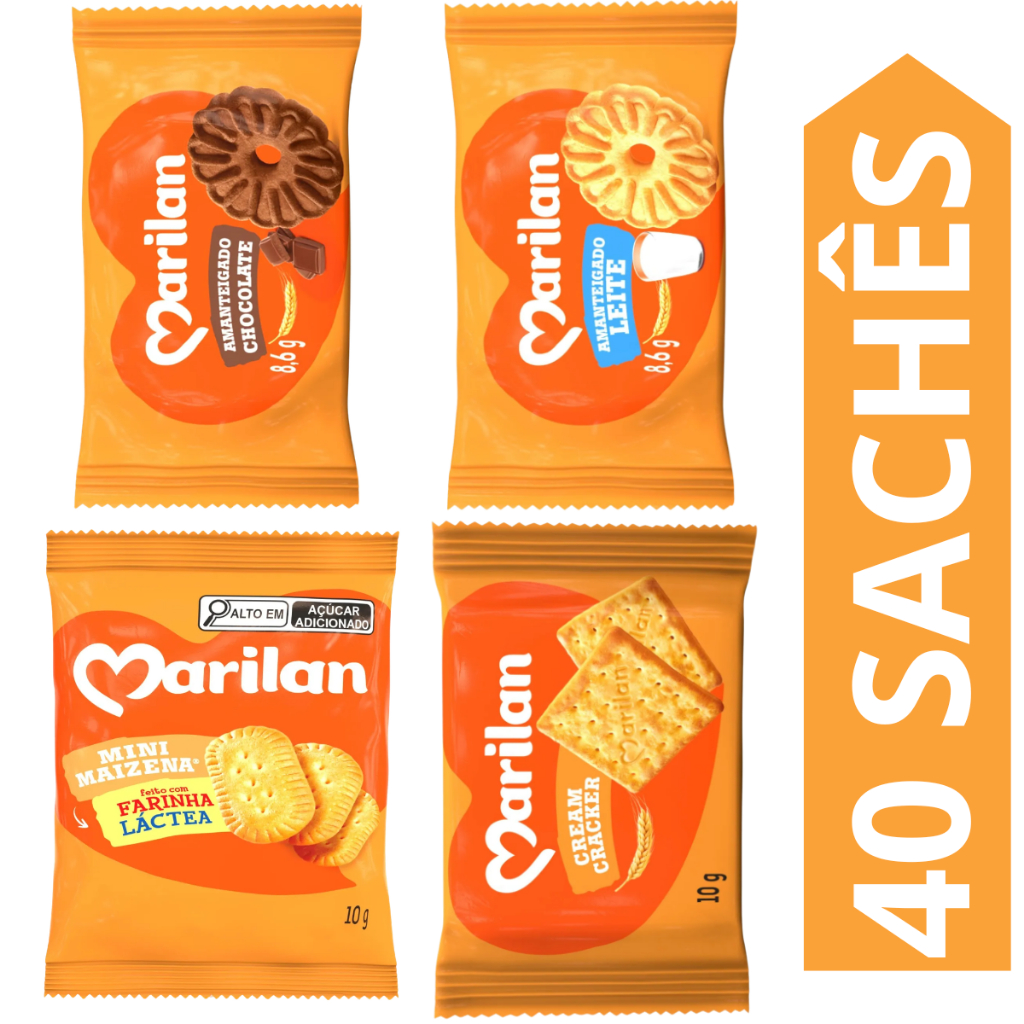 Kit 40 Sachês Biscoito Marilan Sabores Chocolate, Leite, Cream Cracker, Mini Maizena