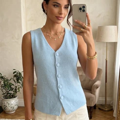 Blusa Regata Feminino Tricô Modal Com Botões Casual Confortavel Verao