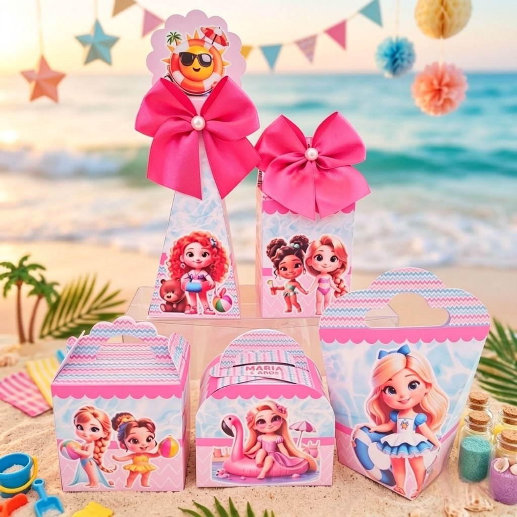Kit Personalizados POOL PARTY PRINCESAS FESTA PISCINA Pegue e Monte Caixinhas Lembrancinhas Festa Infantil Aniversário