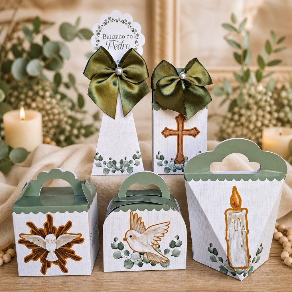 Kit Personalizados BATIZADO CRISMA EUCARISTIA VERDE Pegue e Monte Caixinhas Lembrancinhas Festa Infantil Aniversário