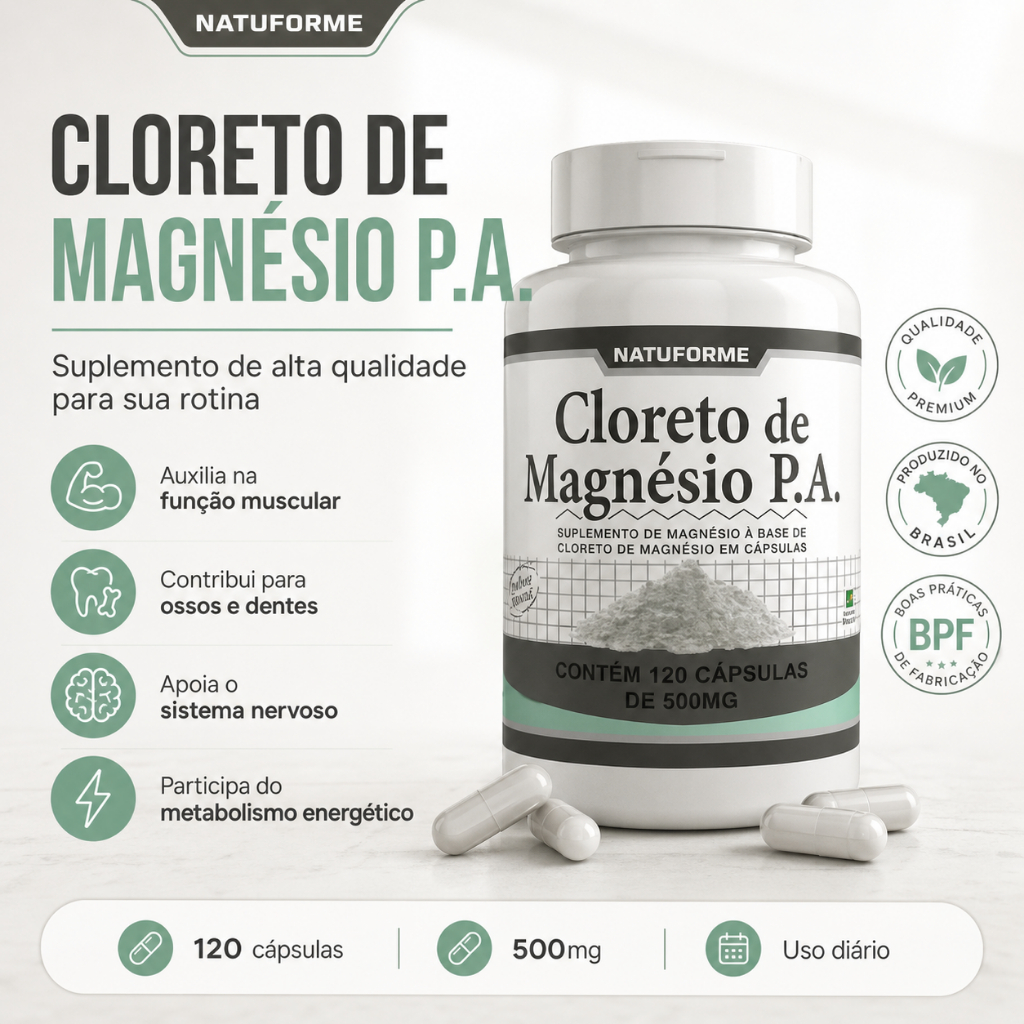 Cloreto de Magnésio P.A 120 Caps Fortalece Ossos Articulações e Imunidade Dores Musculares e Energia