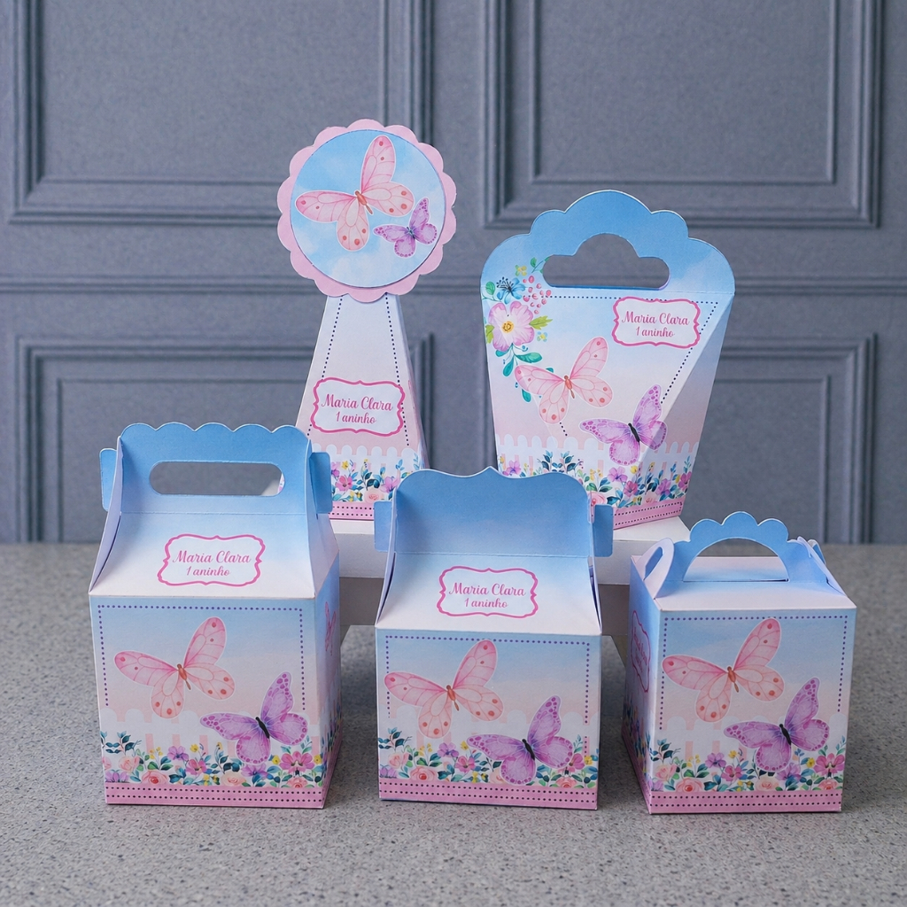 Kit Caixinhas Papelaria Personalizada Jardim de Borboletas Lembrancinha Surpresa Aniversário Festa Infantil Desmontado