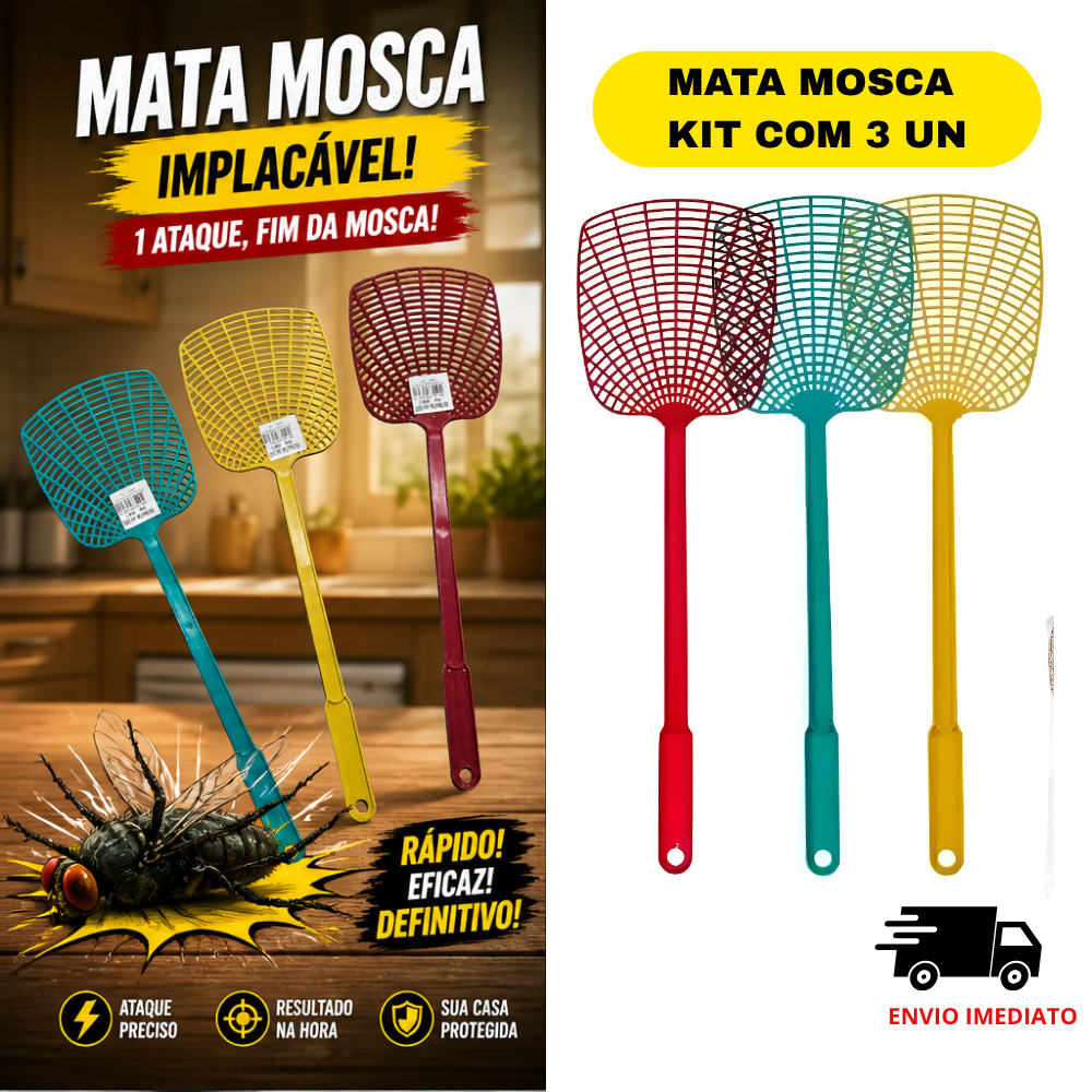Raquete Mata Mosquito Kit com 3 Peças em Plástico Colorido