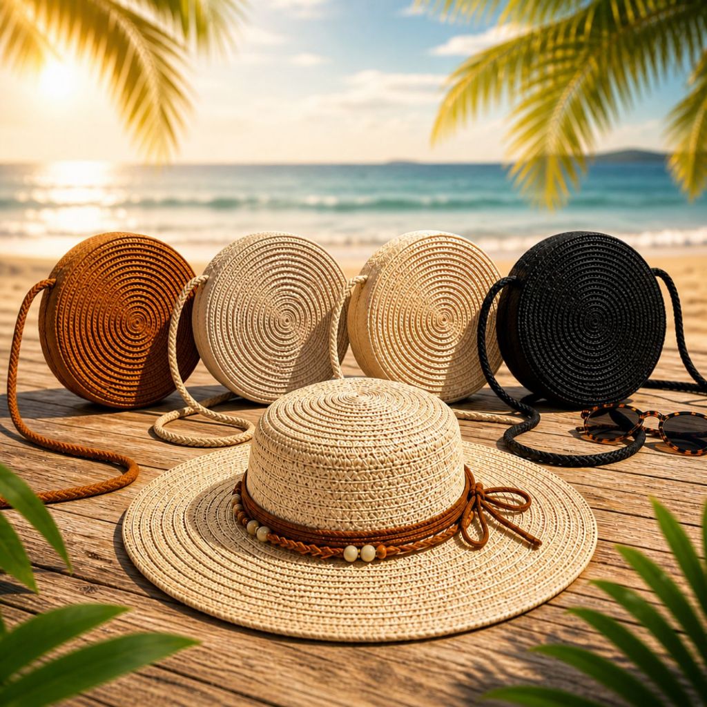 Kit Bolsa Redonda Palha Feminina + Chapéu Praia Verão Elegante Moda Casual Viagem Estilosa
