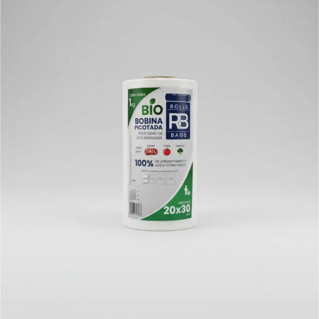 Bobina Picotada 20x30 Fundo Reto PEAD 1kg Alta Resistência c/ Sacos Hortifruti Mercado Açougue