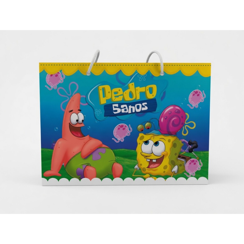 Sacola Bob Esponja Personalizada Pegue e Monte | Lembrancinha Festa Infantil personalizada com nome e idade