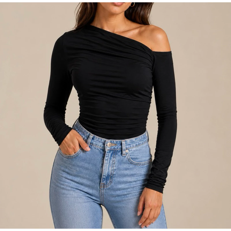 Blusa Feminina Savana Suplex com Manga Longa Comprida Assimétrica Drapeada Verão Elegante Casual Premium moda 2026 frio