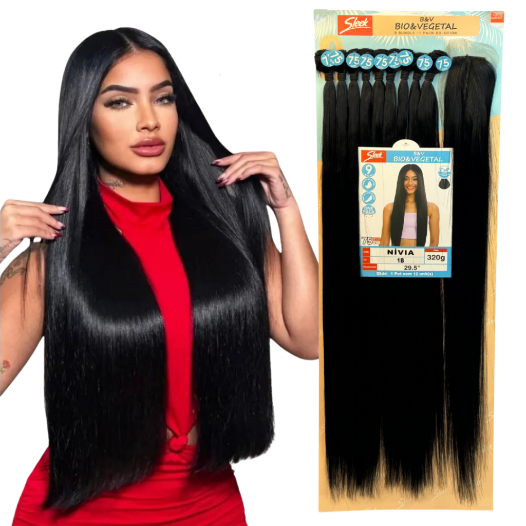 Cabelo Bio Vegetal Liso Sleek Nivia 75cm 320g 9 Telas + Closure Idêntico Ao Humano