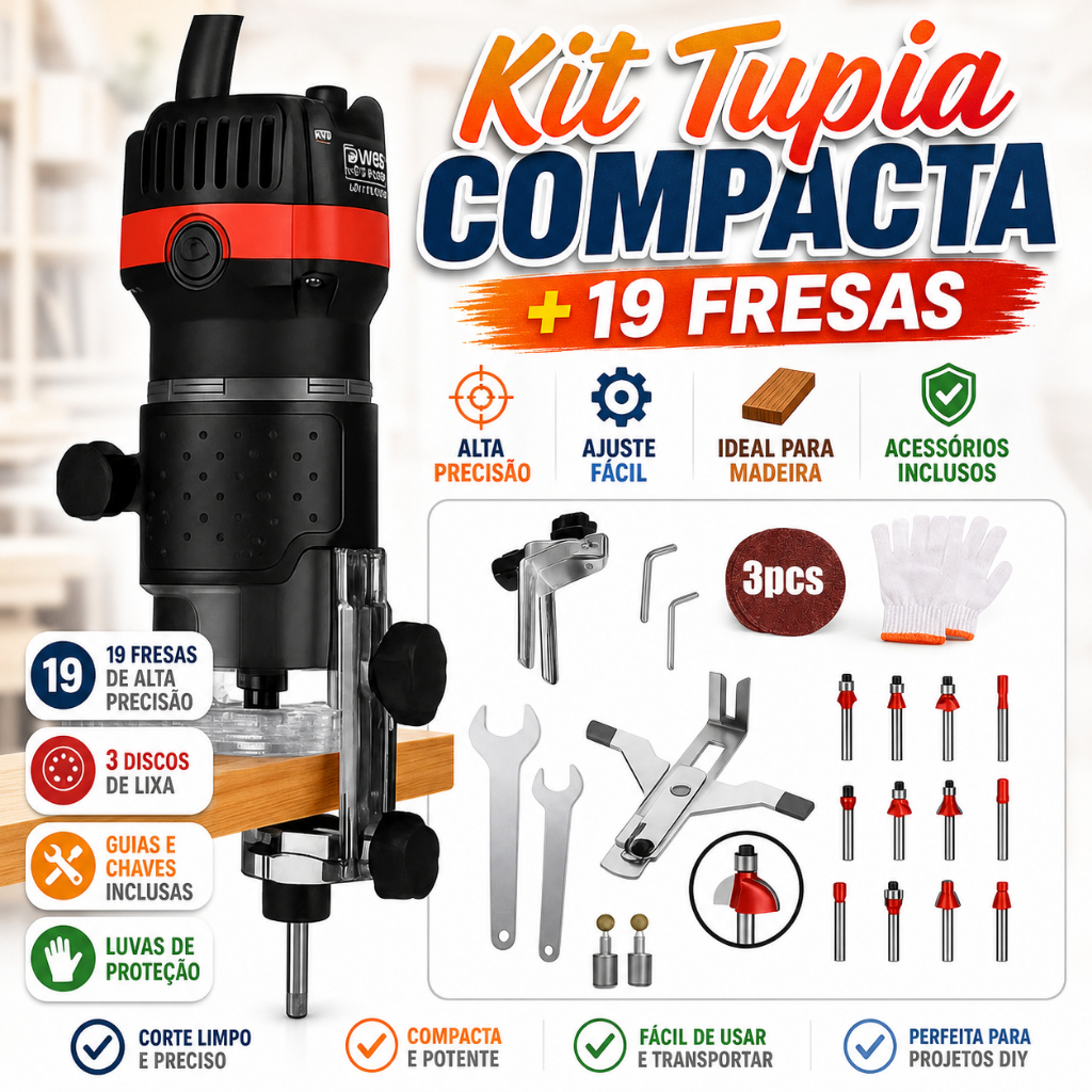 Kit Profissional Laminadora/Tupia 800W 6mm 110V/220V c/ 15 fresas 1/4", guias, escovas, luvas e lixas