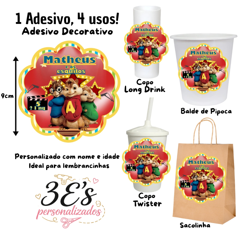 Alvin E Os Esquilos Adesivo Personalizado Sacolinhas Balde de Pipoca Copo Twister Copo Long Drink