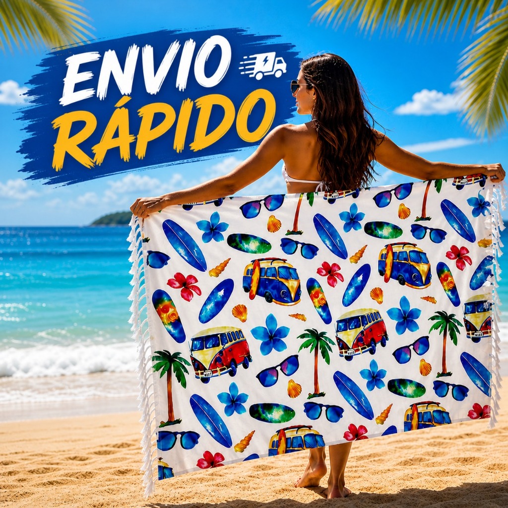 Canga Estampa Kombi Tropical Surf 1,10x1,80m Pareô Saída de Praia, Piscina, Viagem e Piquenique