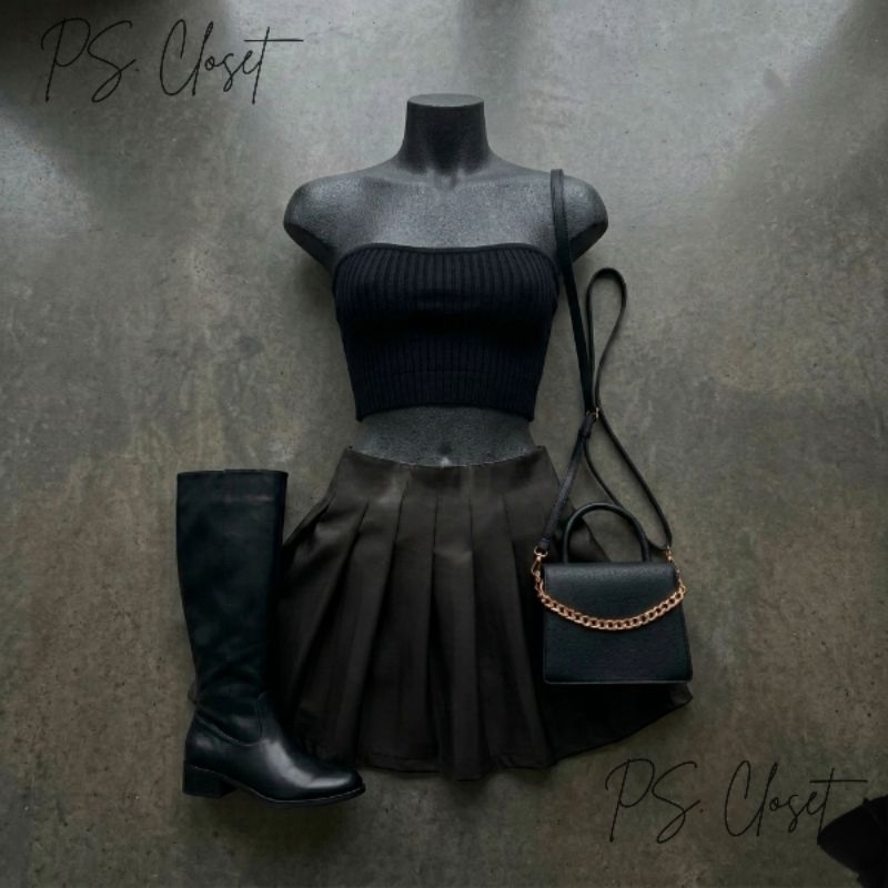 Detalhes do Conjunto Feminino Moda São João Saia Plissada Couro Preto + Cropped Suplex Tomara que caia Look Festa Junina Outono 2026