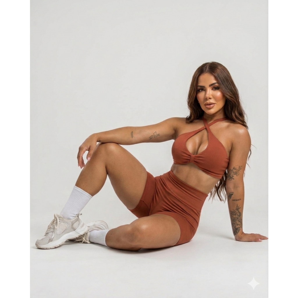 Conjunto de Top e Short Academia Feminino Liso com Bojo Removível Suplex Premium Moda Fitness