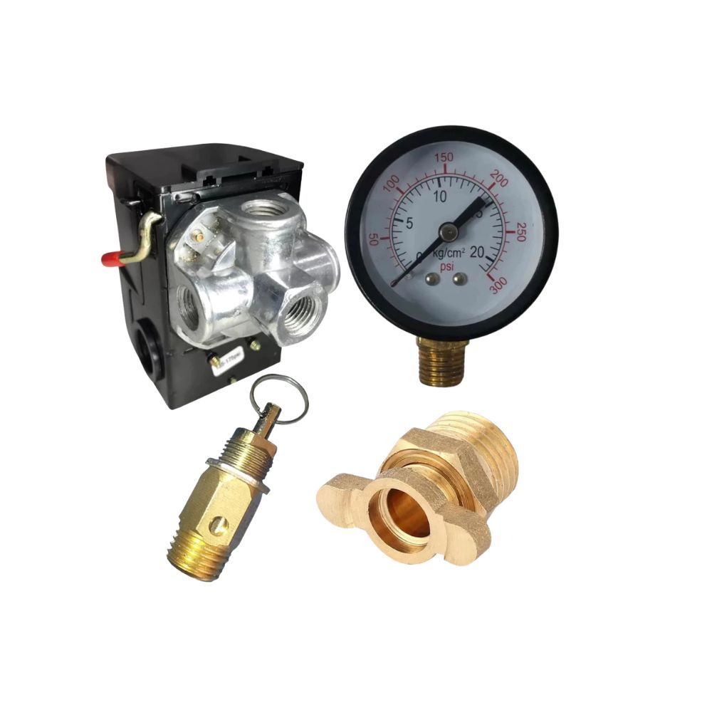 Kit Completo Compressor 80/120 PSI – Pressostato 4 Vias + Válvula de Segurança + Dreno Purgador 1/4 NPT