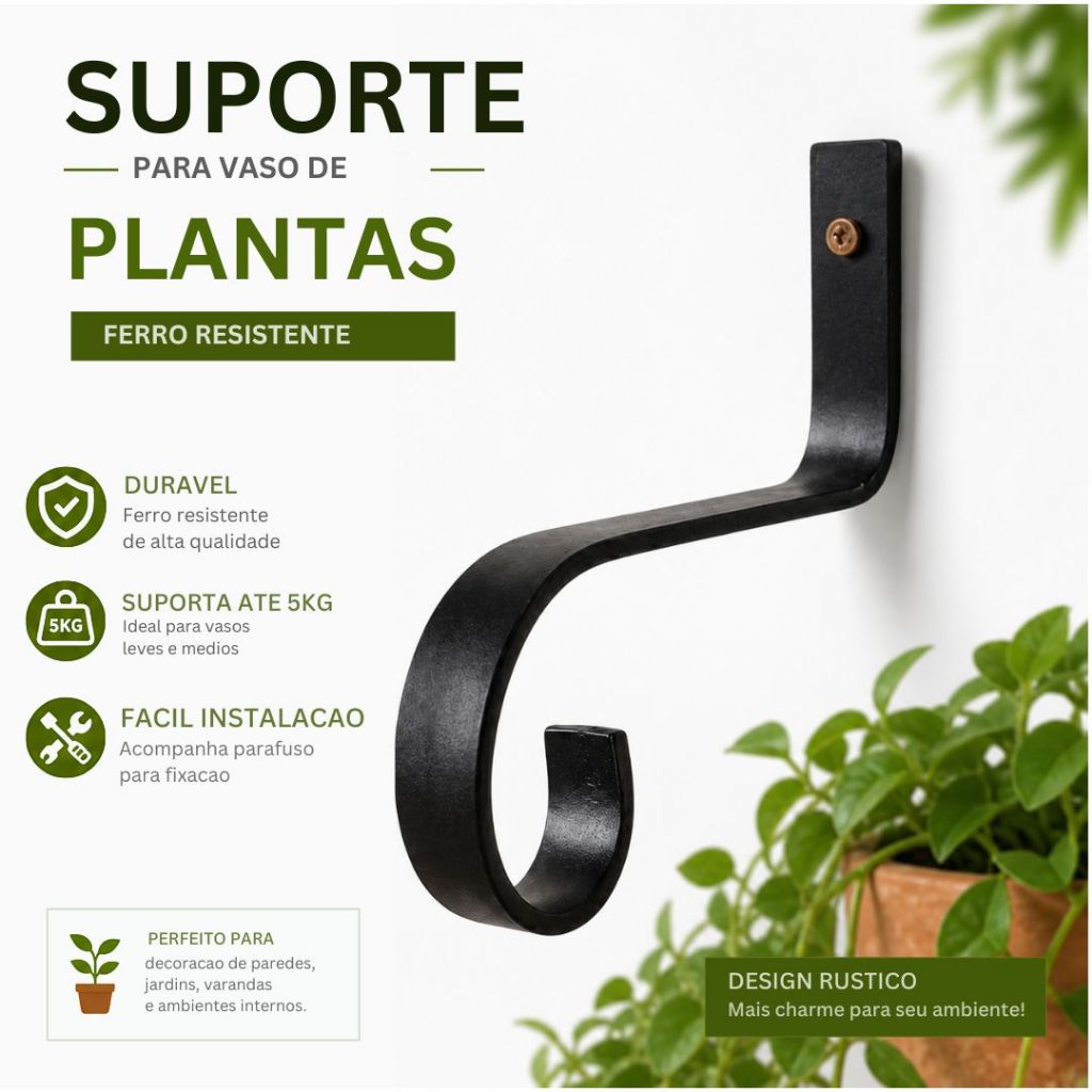 Suporte para Plantas  Ferro Reforçado com 18 cm Gancho de Parede para Vasos