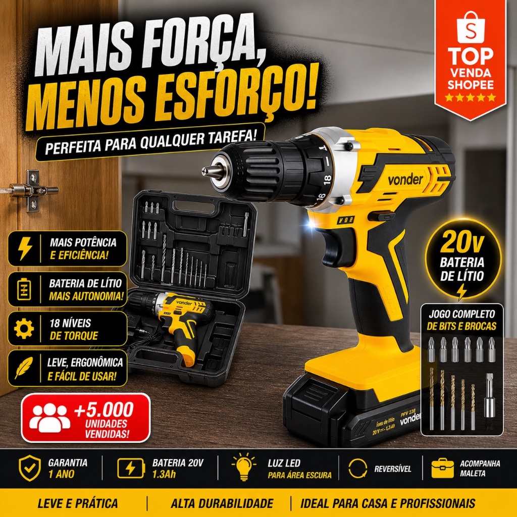 Parafusadeira E Furadeira 20v Vonder Sem Fio Com Maleta Carregador Jogo Broca e Bits PFV 238