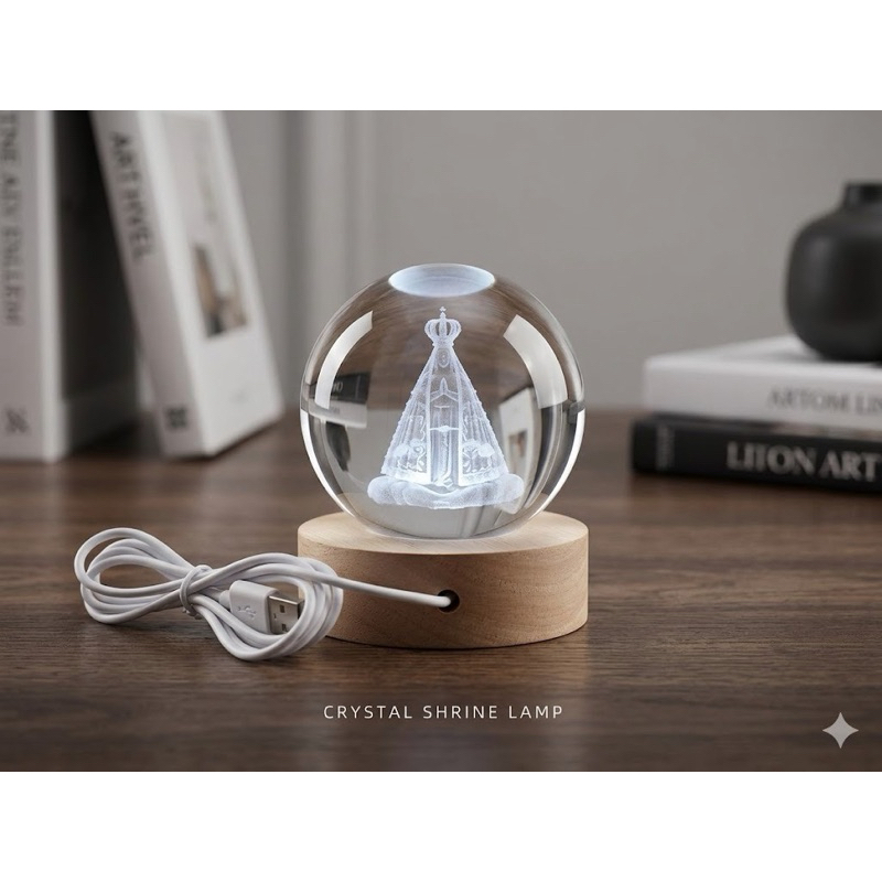 Luminária Bola Cristal Led Mesa Globo Vidro 3d Base Madeira Decoração Abajur Presente Enfeite nossa senhora aparecida