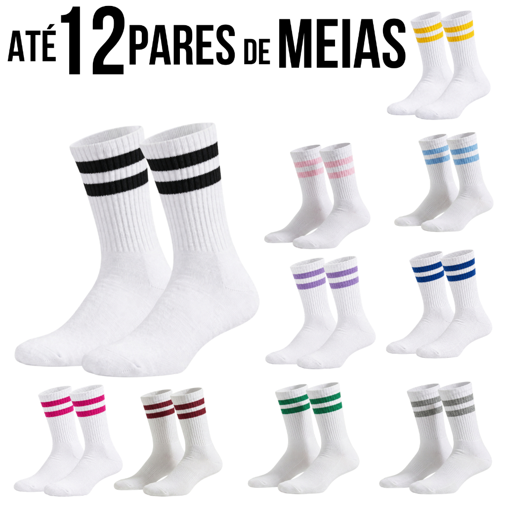 Meia Feminina Masculina Cano Alto em Algodão Até 12 Pares Academia Treinos  Confortáveis - Promoção!