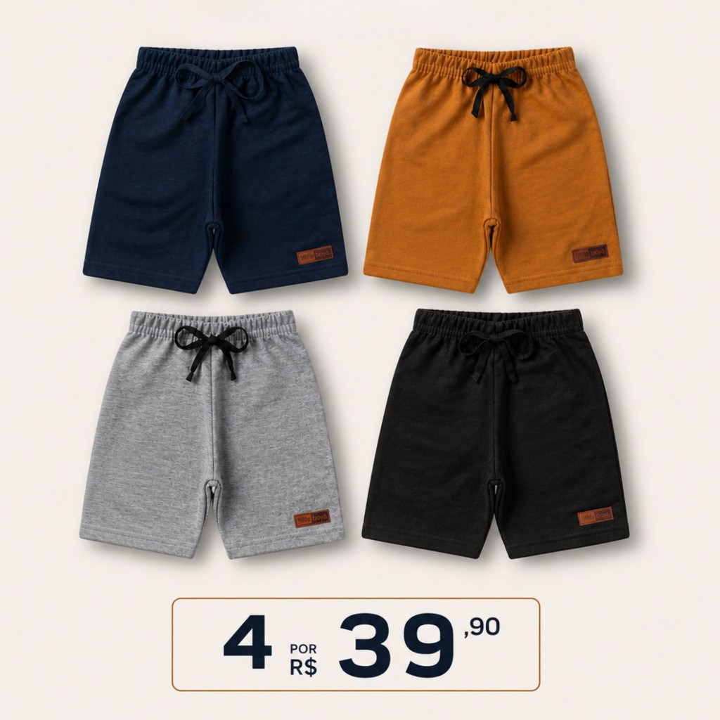 Kit 4 Bermudas Para Menino Moletinho de Algodão Kit Sortido Com 4 Cores Variadas