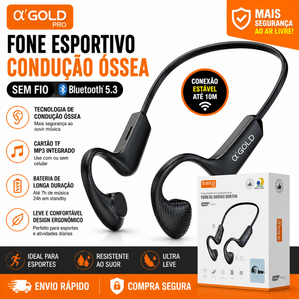 Fone de Ouvido Condução Óssea Bluetooth 5.3 Esportivo com Cartão Sem Fio Bateria Longa Duração