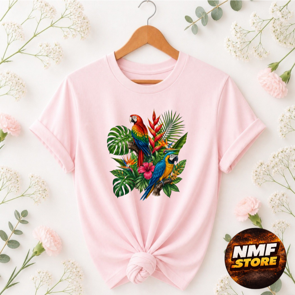 Camiseta Feminina Brasil Araras Estampa Tropical Algodão Premium Confortável Moda Verão Casual Linda Top