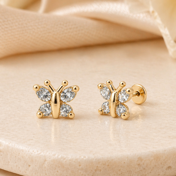 Brinco Infantil Borboleta Pedrinha de  Zircônia Folheado a Ouro 18k Hipoalergênico com Tarraxa Baby + Caixinha Presente