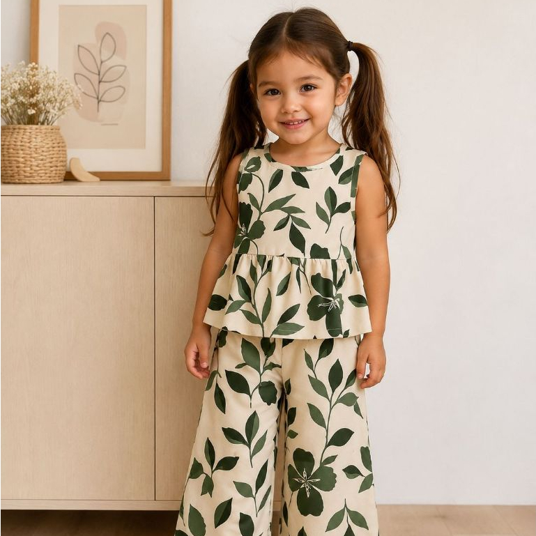 Conjunto de Menina Infantil de 1 anos a 3 anos de Babado e Calça Soltinho Estampado folhas verde Estiloso