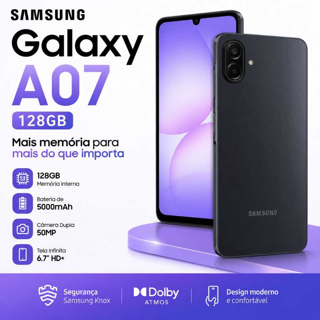 Celular Galaxy A07 Tela 6.7 128GB 4G 90Hz Câmera Dupla 50MP Samsung