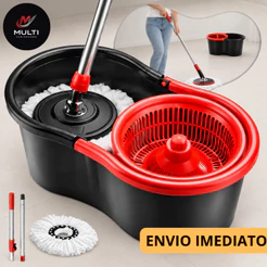 Mop Giratório Plástico 360° com Refil Incluso ou Com 2 Refis Balde 8 Litros e Cesto Cabo