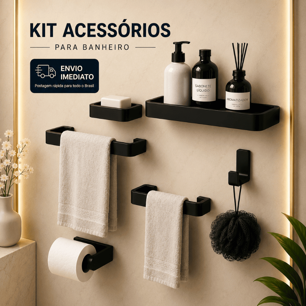 Kit Acessórios Para Banheiro Preto Fosco 6 Peças Reforçado