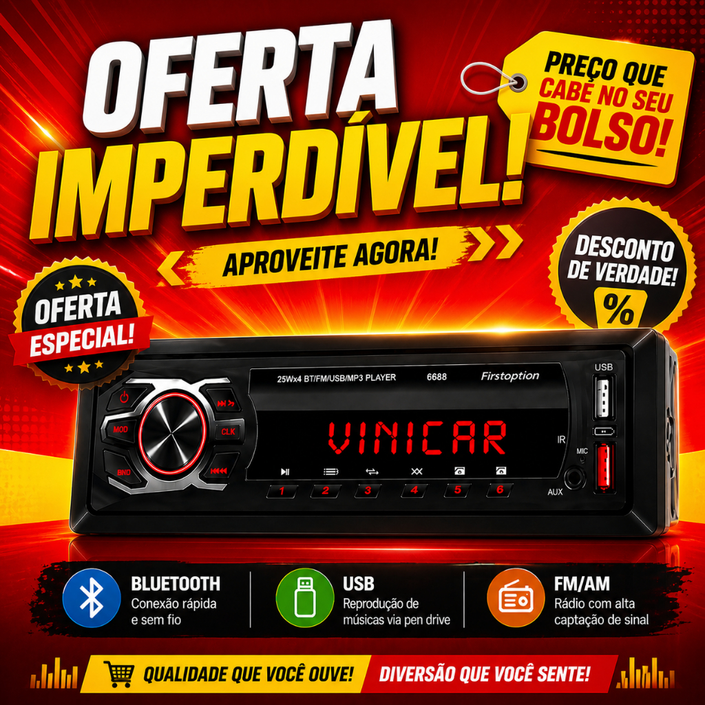 Rádio Som Automotivo MP3 c/ Bluetooth USB SD Aux Carro 6688
