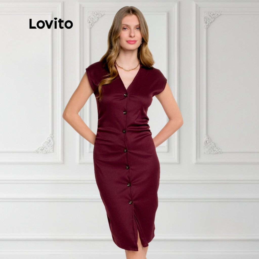 Lovito Vestido Feminino de Malha com Botões Frontais DRB940BRL970