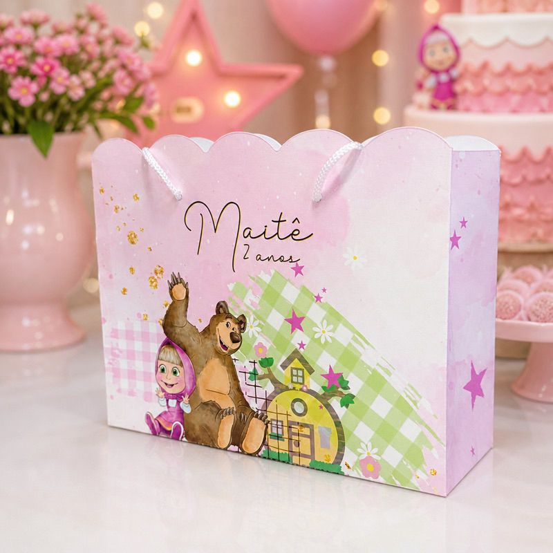 Sacolinha MARSHA E O URSO Personalizada / Bolsinha Lembrancinha Aniversário / PEGUE E MONTE