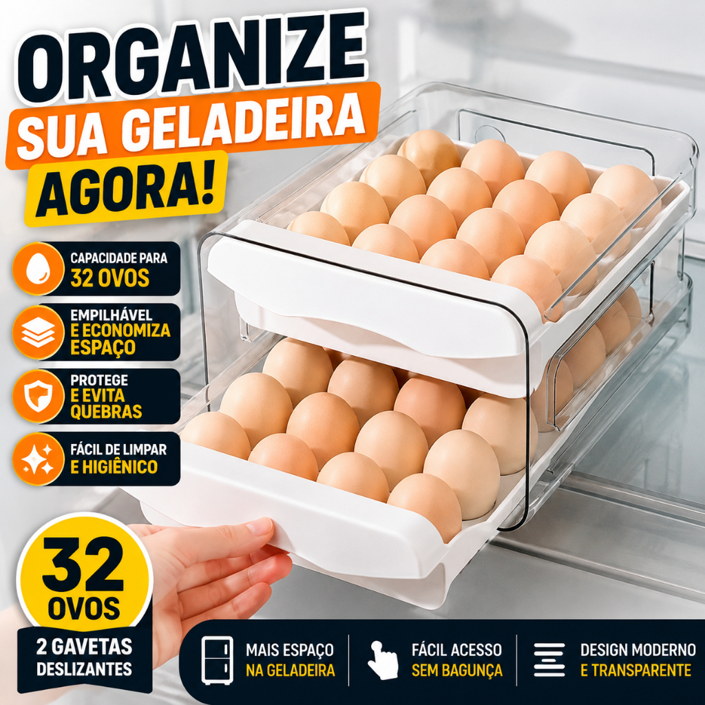 Porta Ovos 32 Unidades Geladeira Organizador Gaveta Dupla Empilhável Transparente Cozinha
