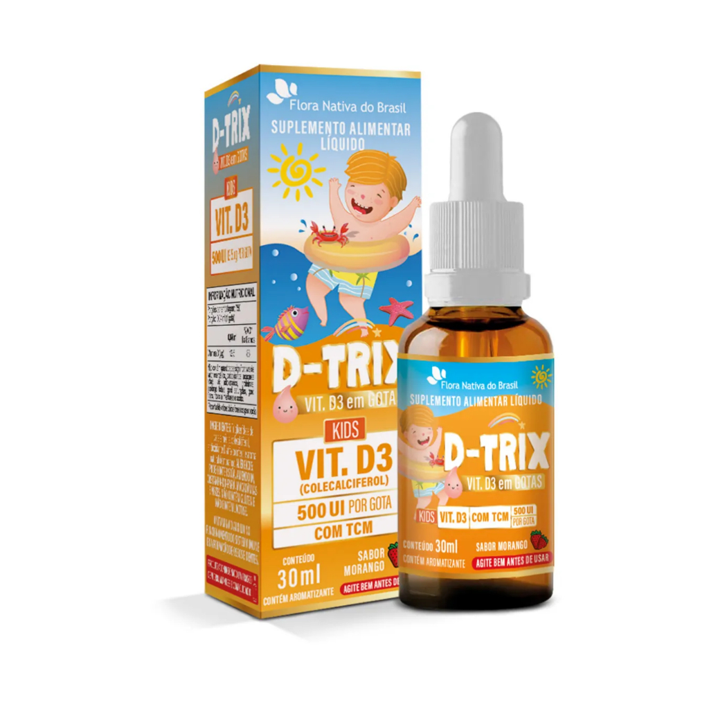 D-Trix TCM Flora Nativa Kids | Vitamina D 500UI/Gota | TCM 30ml Morango | Ossos Imunidade
