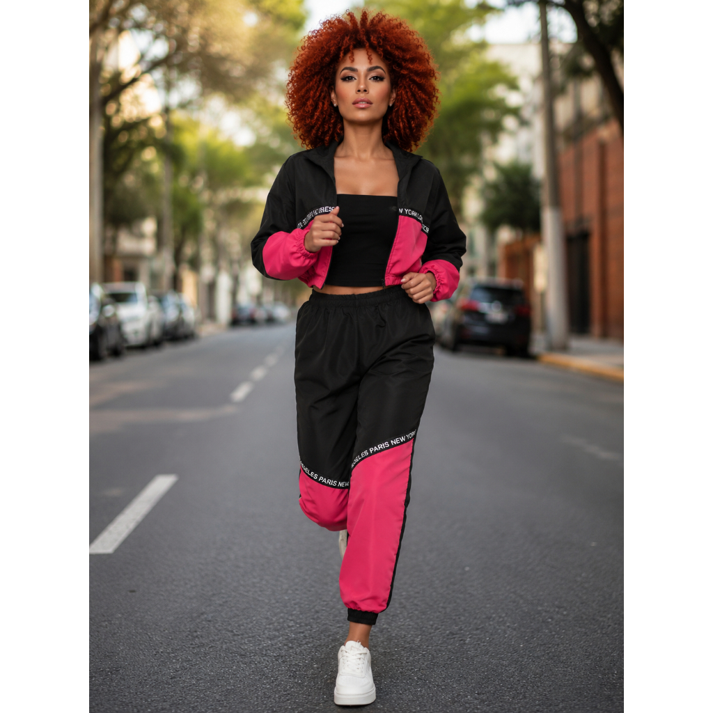 Conjunto feminino corta vento ipermeavel tactel blogueira esporte calça e jaqueta com capuz