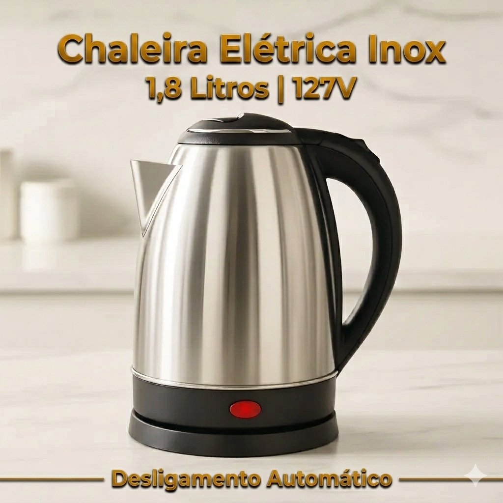 Chaleira Elétrica  Inox 1,8 Litros 127v Jarra Ferve Água Rápido, Desligamento Automático