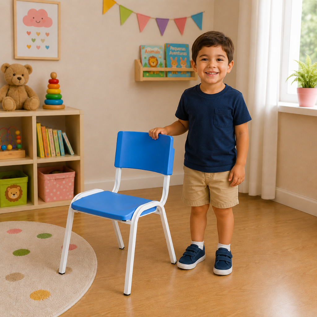Cadeira Iso Infantil Fixa Em aço Empilhável Azul Escola Criança Brinquedoteca